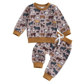 DSOKUHIB Toddler Baby Boy Fall Winter Outfit Cow Print Long Sleeve Sweatshirt Casual Pants Sweatpants Set Western Clothes (Khaki, 2-3T)