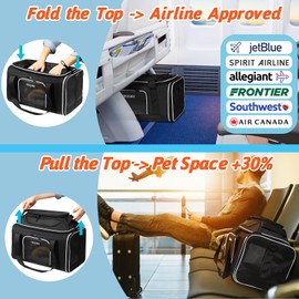 Petskd Top-Expandable Pet Carrier 17x12x8.5 Inches JetBlue Allegiant Spirit Airline Approved, Soft-Sided Carrier for Small Cats and Dogs with Locking Safety Zippers and Anti-Scratch Mesh(Black)