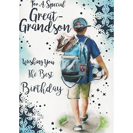 Great grandson birthday card. Boy with backpack. 8 x 5 inches. OE.