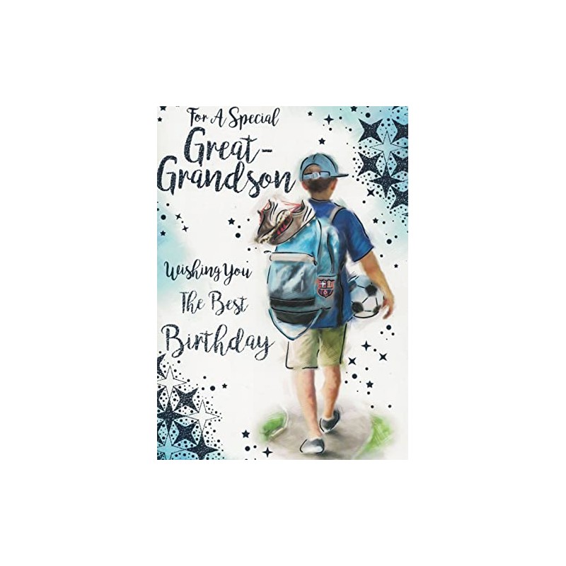 Great grandson birthday card. Boy with backpack. 8 x 5