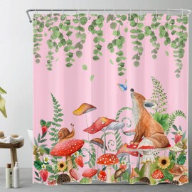 Mushroom Plant Shower Curtain Red Mushroom and Green Leaf on Pink Background Shower Curtain for Bathroom Jungle Nature Leaf Bathroom Shower Curtain with Hooks, 69X70 Inch