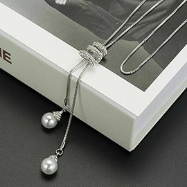 Long Pearl Pendant Necklace for Women, Y Shaped Necklace Silver Spiral Crystal Choker Necklace Long Rhinestone Necklaces for Women Sweater Chain Necklace