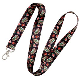 Needzo Our Lady of Guadalupe Neck Lanyard, Black Keychain with Pink Rose Floral Design, 22.5 Inches