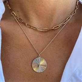 Inilbran Boho Layered Disc Pendant Necklace Vintage Textured Coin Choker Necklace Gold Disc Paperclip Chain Necklace Adjustable Hammered Circle Coin Necklace Jewelry for Women