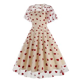 OBEEII Valentine's Day Dress for Women, Women's 1950s Vintage Dress Short Sleeve Heart Print Embroidery Mesh A-line Swing Dress Wedding Guest Homecoming Cocktail Tea Party Dress Apricot-Hearts M
