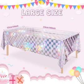 FunnyPars 3Pack Iridescent Checkered and Purple Plastic Tablecloths Shiny Disposable Laser Rectangle Table Covers Foil Tablecloth Iridescent Party Decorations Birthday Bridal Baby Shower, 54x108Inch