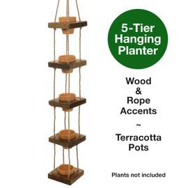 EXCELLO GLOBAL PRODUCTS Rustic 5-Tier Wooden Hanging Planter with Distressed Finish - Farmhouse Style. Comes with 5 Terracotta Pots, Ready for Hanging.