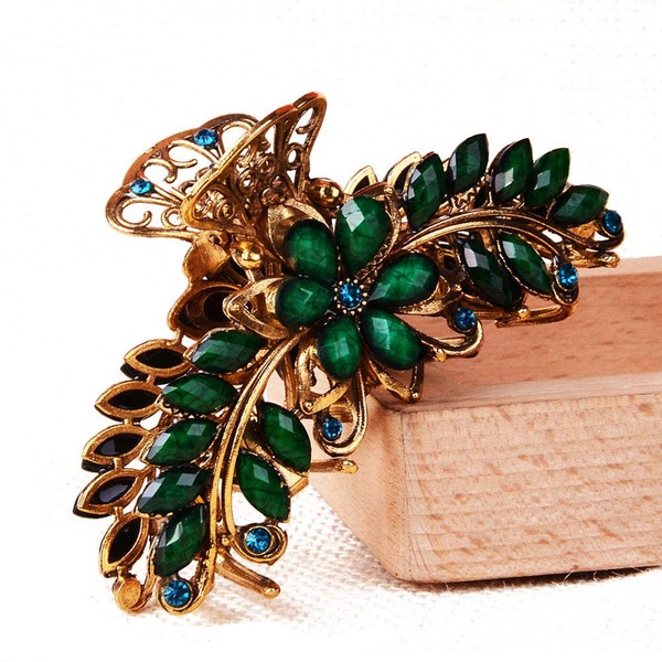 Large Metal Rhinestone Alloy Hair Claw Jaw Clip Retro Flowers Hair Clip Fancy Hair Barrette Clamp for Women and Girls Thick Hair (Green)