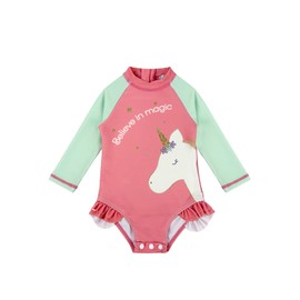 weVSwe Baby Girl Swimming Costume UV Protection Long Sleeve Swimsuits Baby Ruffles Infant Bathing Suit SPF 50+ Beachwear Pink Green Unicorn Newborn 18-24 Months
