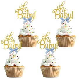 UXYOKM 24Pcs Oh Baby Cupcake Toppers with Bow Gold Glitter Baby Shower Cupcake Picks Kids Birthday Party Decorations Supplies - Blue