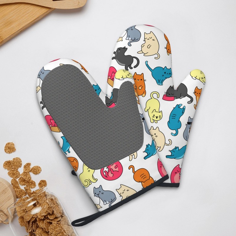 Cute Cat Oven Mitts 2pcs Set, Kitchen Grill Glove Heat