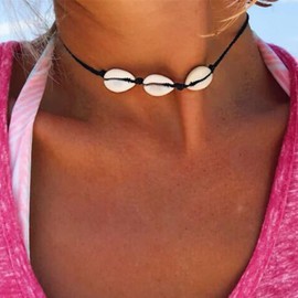 Chennie Boho Cowrie Shell Choker Necklace Black Beach Puka Seashell Necklaces Handmade Adjustabale Necklace Summer Chain Accessory for Women