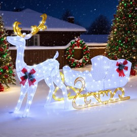 Tangkula 6 FT Christmas Lighted Reindeer & Santa’s Sleigh, Xmas Lighted Outdoor Yard Decoration with 215 LED Lights & 4 Ground Stakes, Artificial Christmas Décor for Indoor & Outdoor (Cold White)