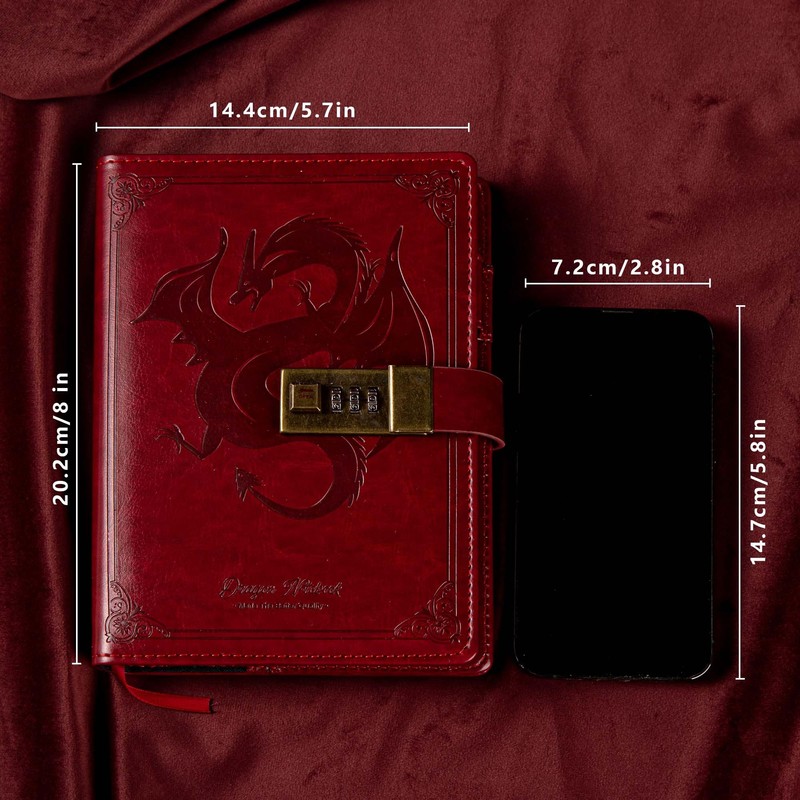 Dragon Leather Journal Notebook, Diary with Combination Lock, Lined/Blank Paper
