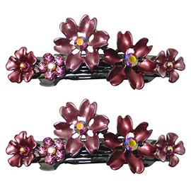 Set of 2 Flower Barrettes Med/Small Hair Clip Both in Shades of Wine Red Sparkly Rhinestones YY86400-12-2wineRed