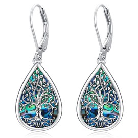 Tree of Life Earrings 925 Sterling Silver Abalone Shell Tree of Life Hanging Earrings Jewellery for Women Girls Birthday Mother's Day Jewellery Gifts, Sterling Silver, No Gemstone