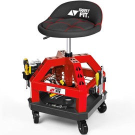 FreekyFit Rolling Shop Stool for Garage with Casters, DO02-Adjustable Height 360° Swivel Shop Seat with Tool Tray Storage, 330 LBS Capacity Padded Mechanic Stool, Magnetic Tool Hold, Heavy Duty, Red