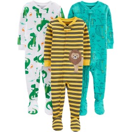 Simple Joys by Carter's Baby Boys' 3-Pack Snug Fit Footed Cotton Pajamas, Dinosaur/Double Stripe/Forest Animals, 6-9 Months