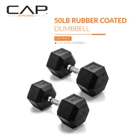 CAP Barbell 50 LB Rubber Coated Hex Dumbbell Hand Weight - Pair | Chrome Handle