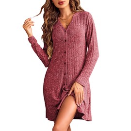 Ekouaer Nightshirts for Women Long Sleeve Pajamas Dress Button Nursing Nightgown Boyfriend Nightwear Wine Red