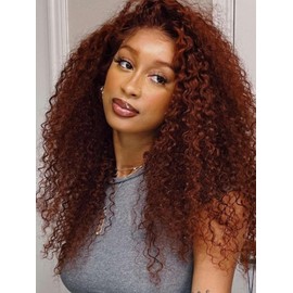 UNICE Reddish Brown Curly Human Hair Drawstring Wig Bye Bye Knots 7X5 Lace Front Glueless Wigs Human Hair Pre Plucked Pre Cut Natural Hairline 150% Density 16 inch