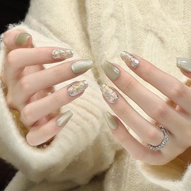 Pure Handmade Nails Press on Nail Reusable Fake Nails Green&Golden RhineStones Bling Bling Medium Stick on Nails French Tip False Nails 10pcs (S, Q308 NAILS)