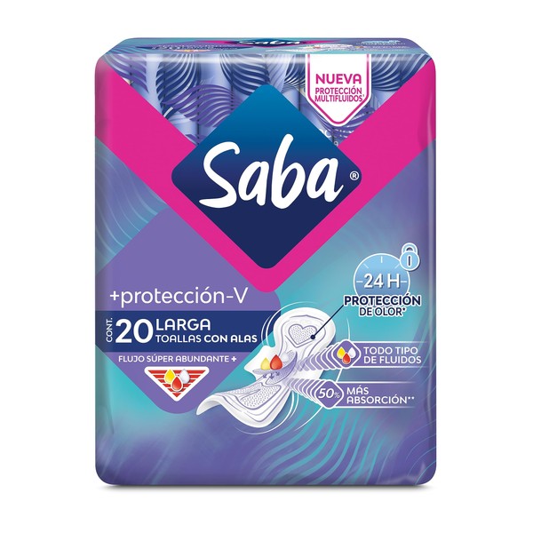 Saba +protección-V, Toalla femenina para todo tipo de fluidos, 24 h control de olor, 20 piezas, 1 item