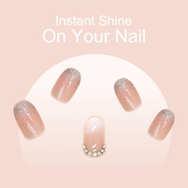 24pcs Short Oval False Nails, Almond Pink Glitter Stick on Nails, Press on Nails with Rhinestone Removable Glue-on Nails, Full Cover Acrylic Fake Nails Women Nail Art Accessories