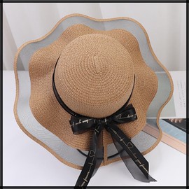 White Fang CZ051 Women's Straw Hat, Ruffle, Satin, Ribbon, Cute, See-Through, Flower Hat,, gray