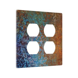 Vintage Mossy Messy Metal Copper Rusty Iron Print 2-Gang Device Duplex Wall Plate, Blue/Red Orange Messy Rust Decorative Two Gang Double Duplex Receptacle Socket Outlet and Light Switch Cover Plate