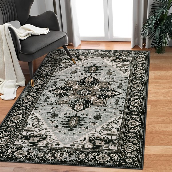 Lahome Boho Black Area Rugs - 3x5 Washable Rugs for Bedroom Non-Slip Low-Pile Rugs for Living Room Oriental Entryway Kitchen Rugs Small Throw Area Rug Capet for Office Bathroom Laundry Dining Room