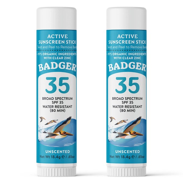 Badger Face Sunscreen Stick SPF 35 with Mineral Zinc Oxide, Travel Size Sunscreen, 97% Organic Ingredients, Reef Friendly SPF Stick Sunscreen for Face, Unscented, 0.65 oz(2 Pack)