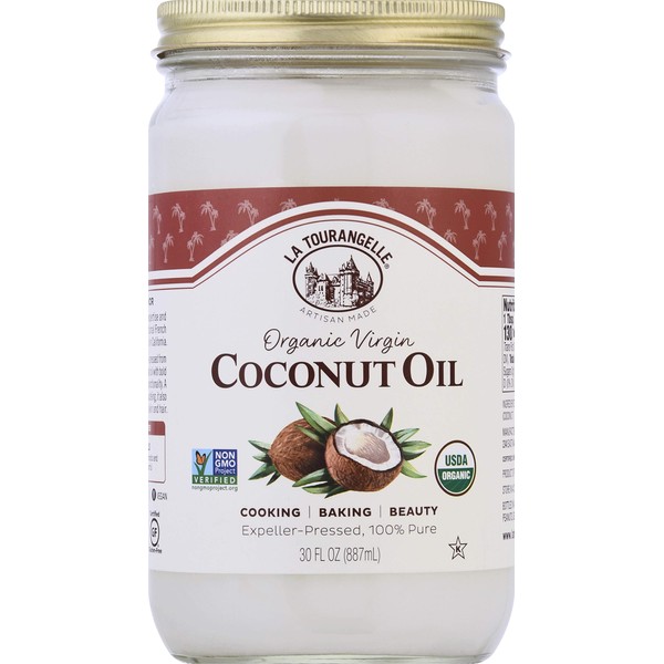 La Tourangelle, Organic Virgin Unrefined Coconut Oil, Great for Cooking, Baking, Hair, and Skin Care,Clear,30 Fl Oz (Pack of 1),40-05-VOC-0630-CS