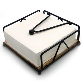 Metal Napkin Holder with Weighted Arm,Metal Napkin Holder with Wooden Base,Square Napkin Holder,Elegant Paper Napkin Dispenser,Metal Flat Napkin Holder for Kitchen Counter, Dining Table (Black)
