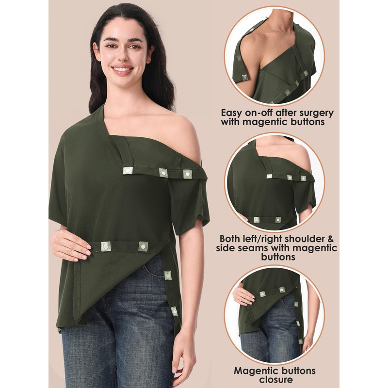 Magnetic Buttons Post Shoulder Surgery Recovery Shirt for Men V-Neck