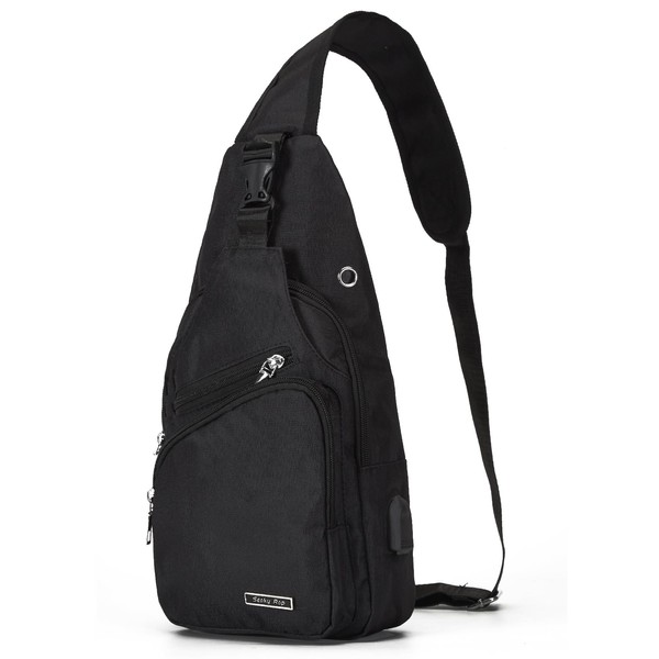 Seoky Rop Men Women Sling Backpack Anti Theft Crossbody Shoulder Chest Bag with USB Charging Port Black