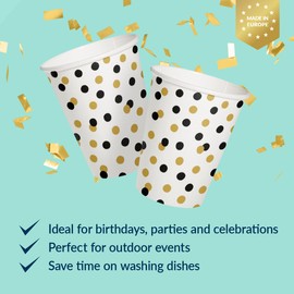 PAW - Disposable Paper Cups (8,5 oz, 50-Pack), Hot & Cold Paper Coffee Cups, Drinking Cups with Gold Confetti Theme for Birthday, Party, Kids Party, BBQ, New Year's Eve, Picnic