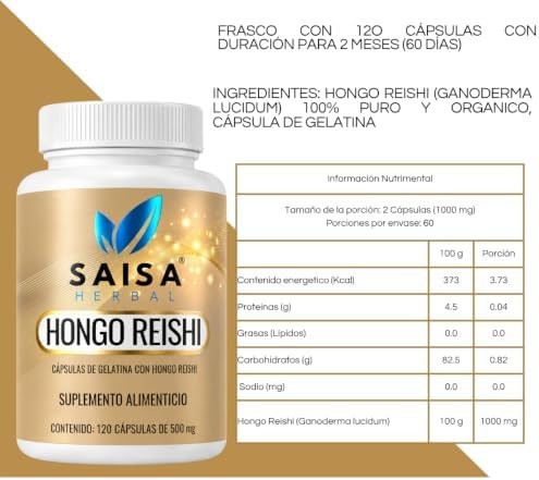 Hongo Reishi Orgánico Puro Con 120 Cápsulas Saisa Herbal