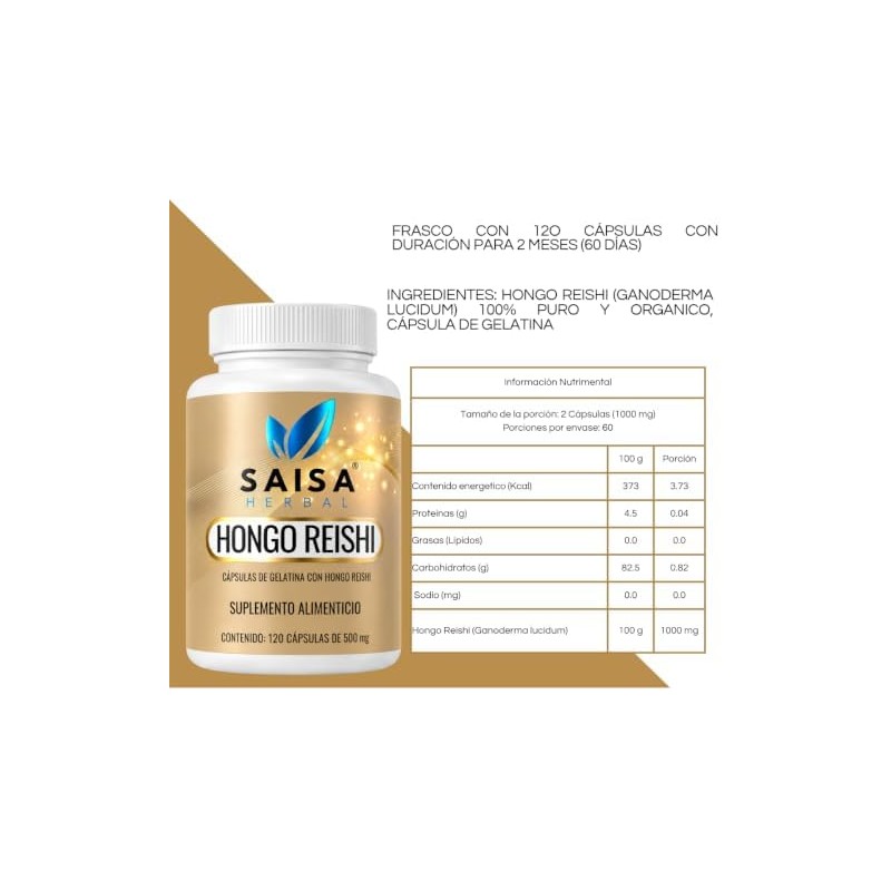 Hongo Reishi Orgánico Puro Con 120 Cápsulas Saisa Herbal