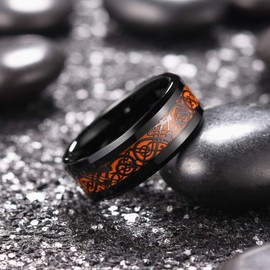 King Will Dragon - Anillo de boda para hombre, 8 mm, fibra de carbono naranja y carburo de tungsteno celta, ajuste cómodo, color negro