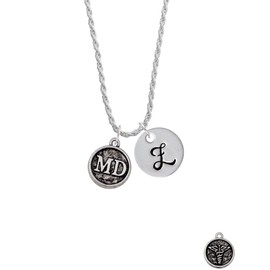 Delight Jewelry Silvertone Doctor Caduceus Seal - MD - Silvertone Script Initial Disc - Z - Charm Necklace, 20"+3"