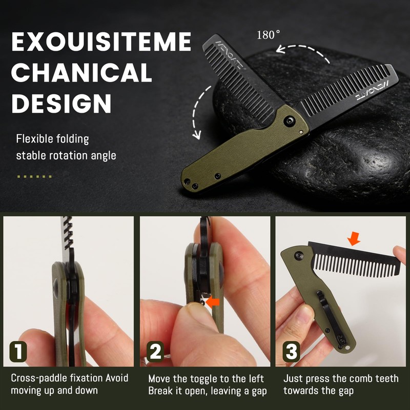 Folding Pocket Beard Comb for Men, G10 Handle, Folding &