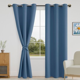 DWCN Blackout Curtains for Bedroom with Tiebacks - Room Darkening Privacy Grommet Top Window Curtains for Living Room, 42 x 84 inches Long, Dusty Blue, Set of 2 Panels