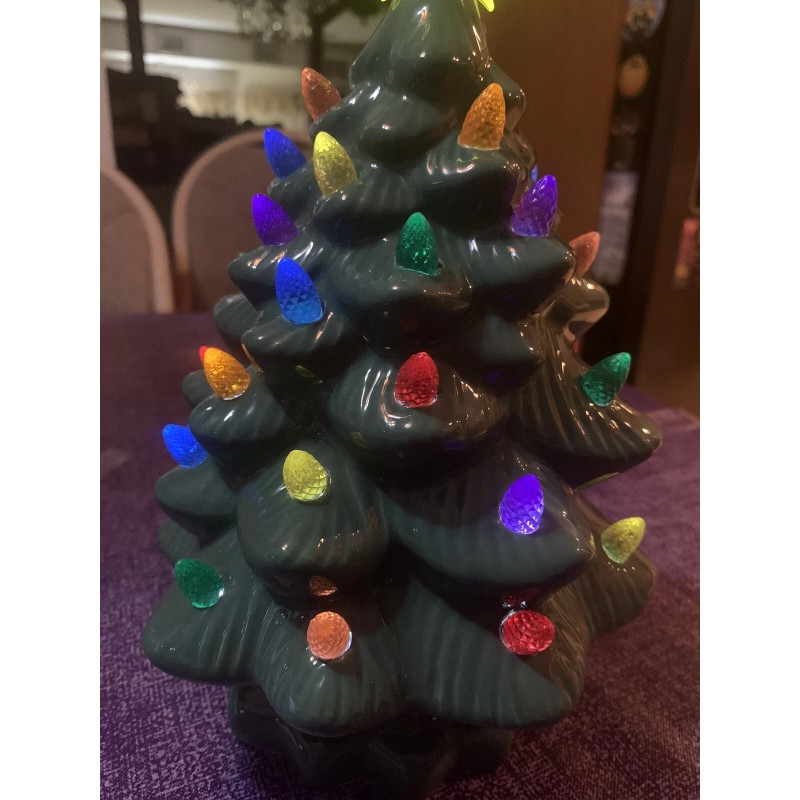 Ceramic Christmas Tree Large Green Tabletop Tree Multicolored Lights 11"