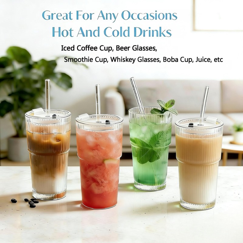 20oz Ribbed Glass Tumblers with Lids & Straws 2-Pack