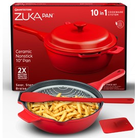 Granitestone ZUKA 10 in 1 Ceramic Pan by Granitestone, Large 10 Inch Saute Pan with Lid Serves as Deep Frying Pan Set with Steamer, Everyday Skillet, Non Toxic Ceramic Nonstick, Induction Oven & Dishwasher Safe