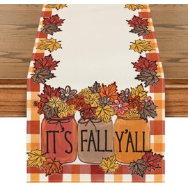 It's Fall Y'all Thanksgiving Fall Table Runner Home Kitchen Dining Pumpkins Maple Leaves Harvest Vintage Table Flag for Indoor Outdoor Decor 13 x 36 Inch