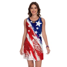 Women's July 4th A-line Keyhole Neck Memorial Day Sleeveless Patriotic Dress Fourth of July USA Flag Independence Day Crew Neck Stars and Stripes Mini Tank Dress Colourful Flag M