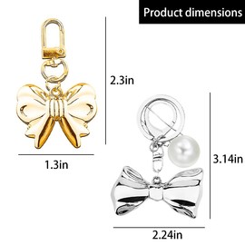 Bow Bowknot Keychain for Women Girls Bag Charm Keychain Sliver Big Bow Keyring Keychain Accessories Charms Decorations Backpack Purse Accessories Decorations Charms Pearl Keychain Keyring 2PCS