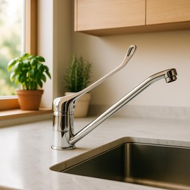 Stainless Steel Brass Long Handle Horizontal Sink Mixer Tap - Unique Design Hot/Cold Water Adjustment - Includes 2 Sets of Water Pipes, Screws and Gaskets